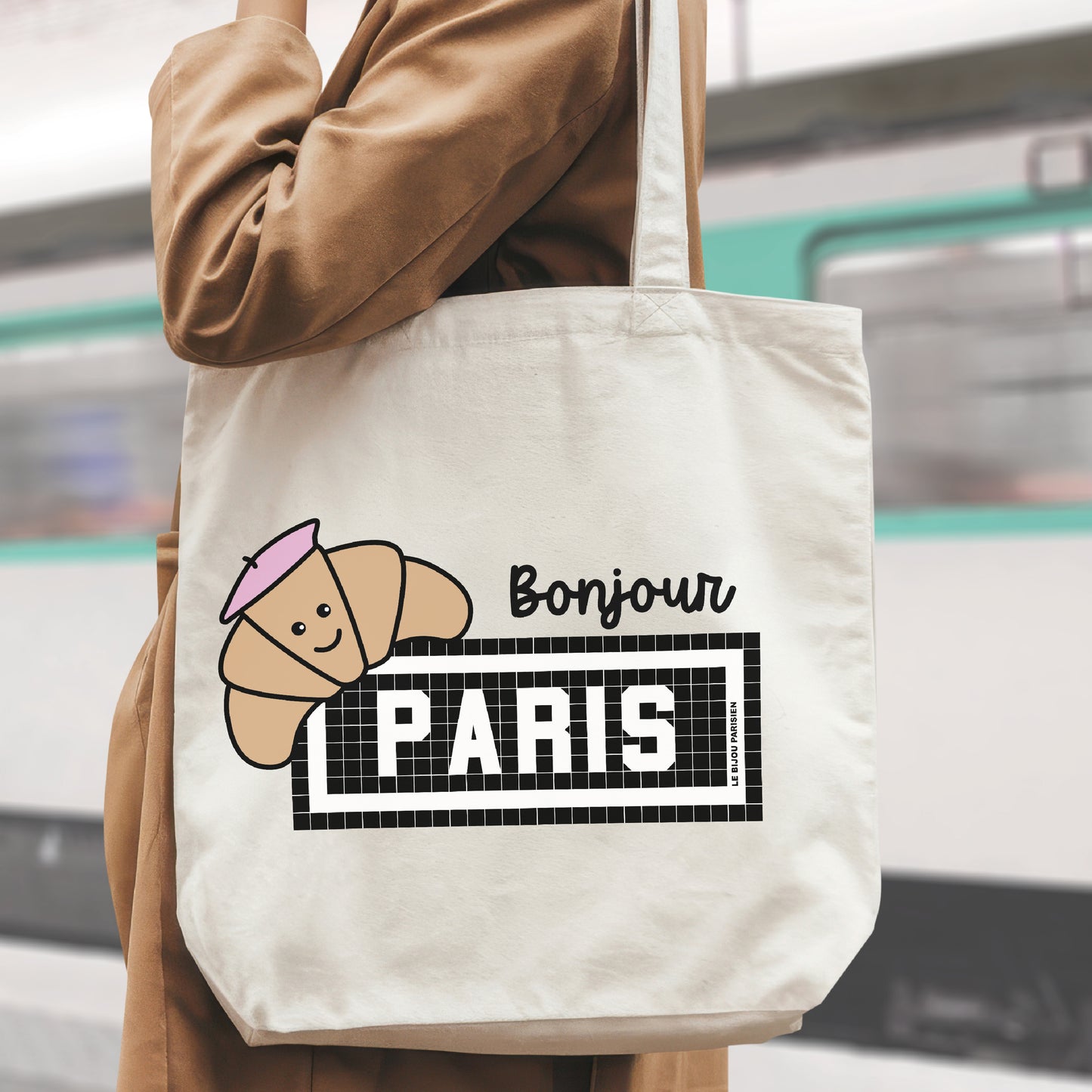 TOTE BAG COTON BIO IMPRIMÉ - BONJOUR PARIS CROISSANT - ÉCRU