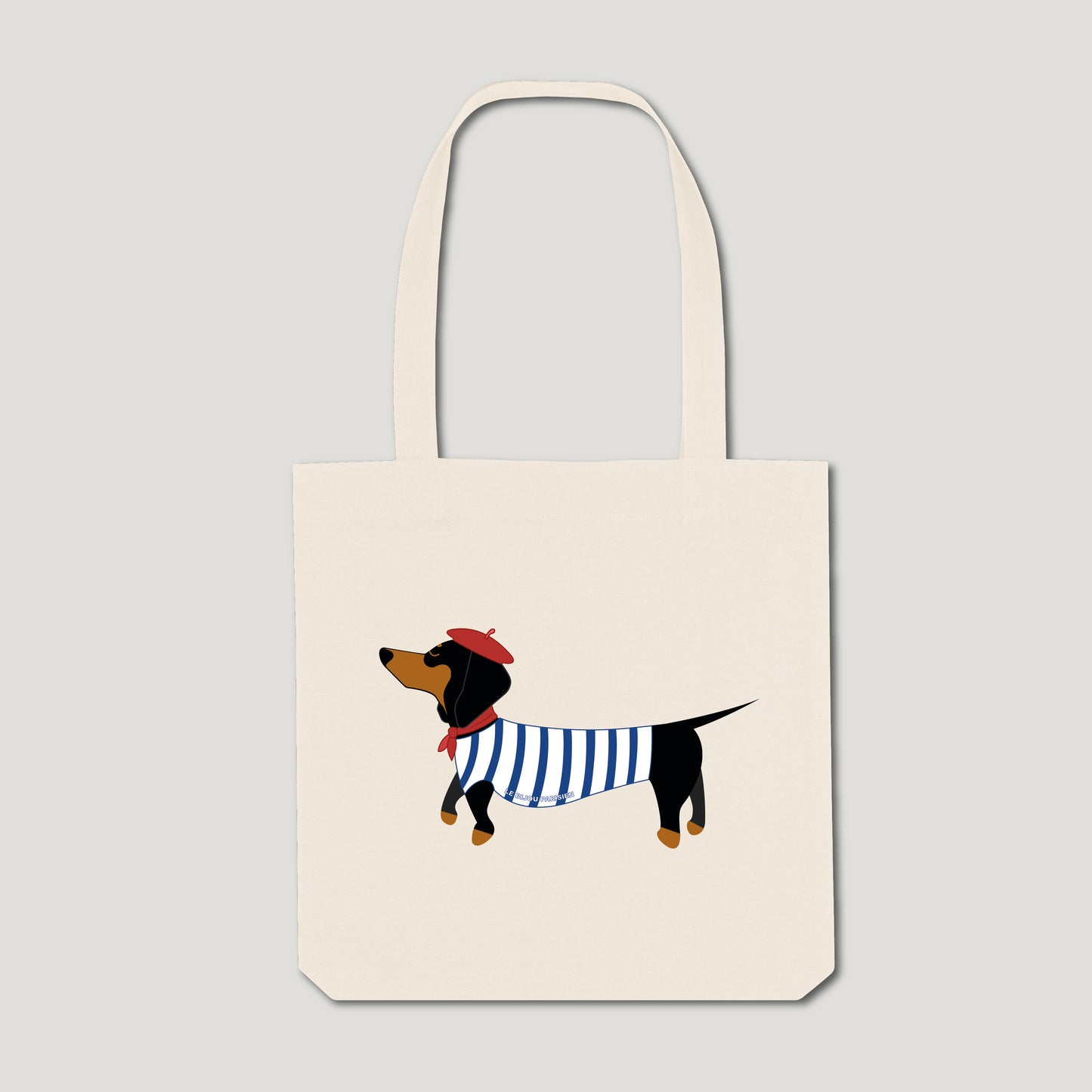 TOTE BAG IMPRIMÉ - TECKEL MARINIÈRE - COTON RECYCLÉ - ÉCRU
