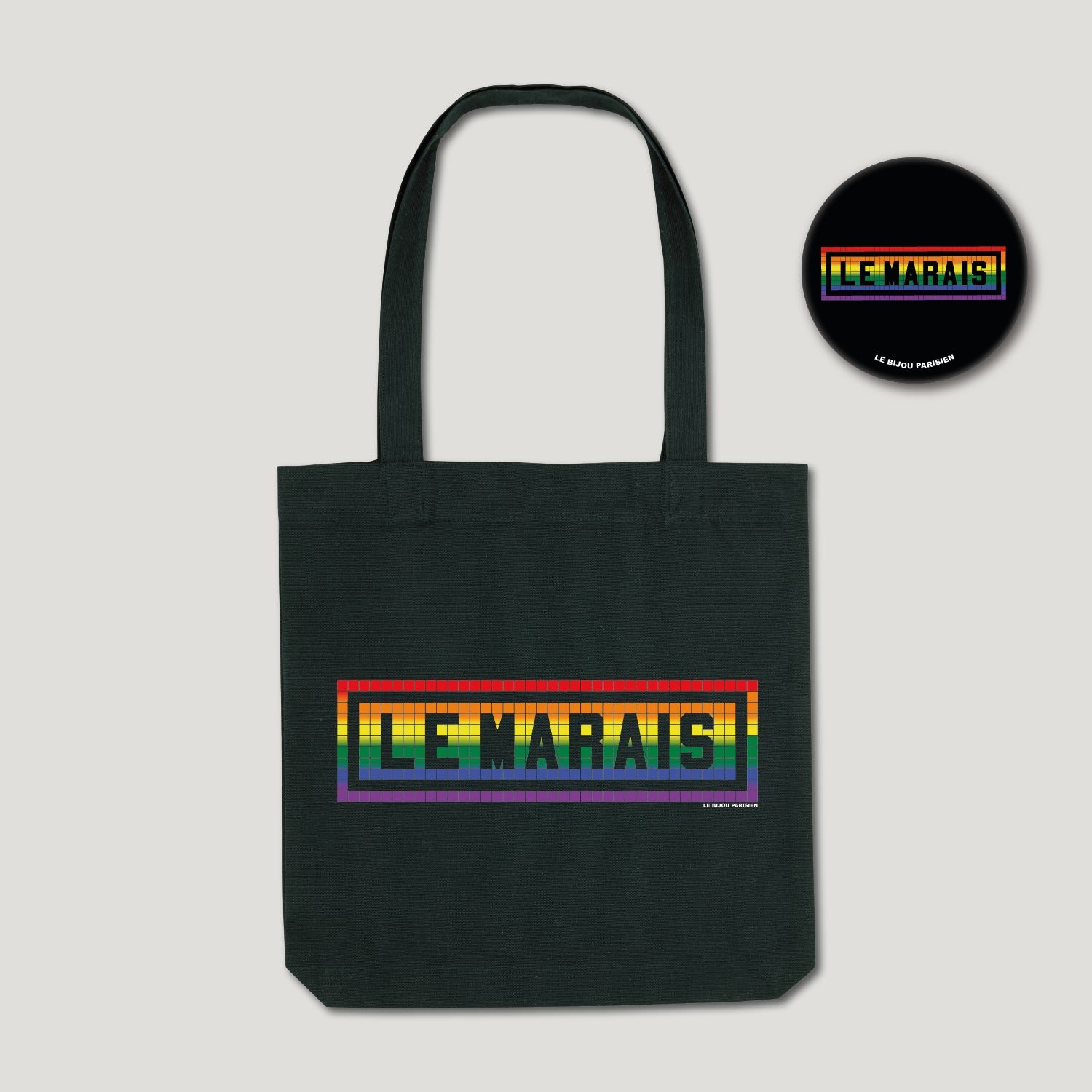 TOTE BAG IMPRIMÉ LE MARAIS PRIDE NOIR BADGE – lebijouparisien