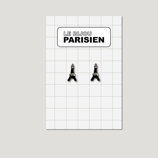 BOUCLES D'OREILLES TOUR EIFFEL ÉMAILLÉES & STRASS - NOIR