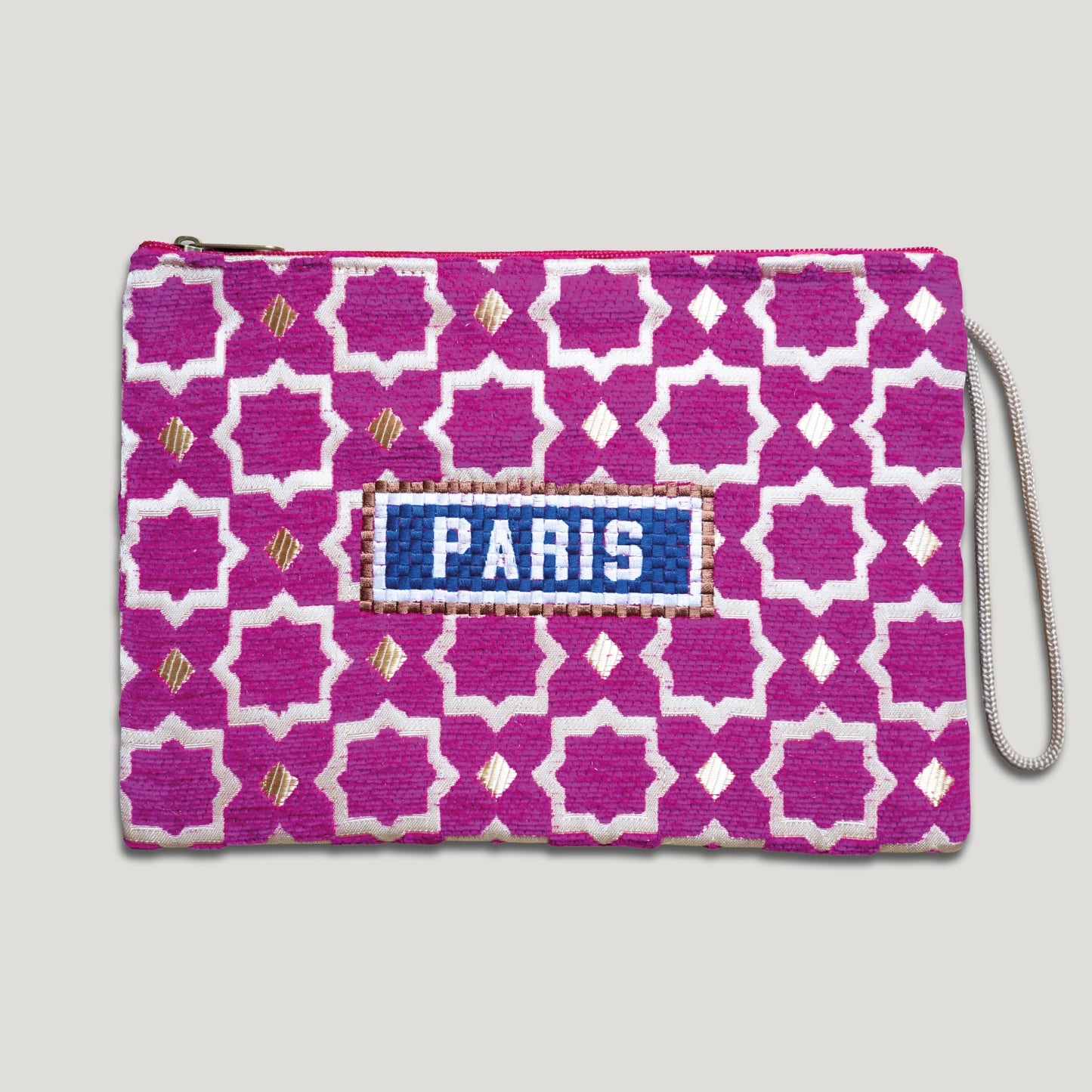 POCHETTE TISSU MAROCAIN - BRODERIE PARIS - INSPIRÉE DU MÉTRO PARISIEN - FUSHIA