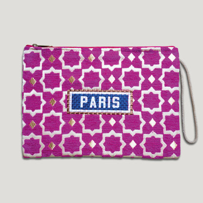 POCHETTE TISSU MAROCAIN - BRODERIE PARIS - INSPIRÉE DU MÉTRO PARISIEN - FUSHIA