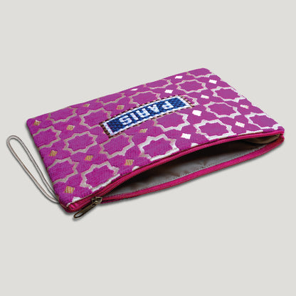 POCHETTE TISSU MAROCAIN - BRODERIE PARIS - INSPIRÉE DU MÉTRO PARISIEN - FUSHIA