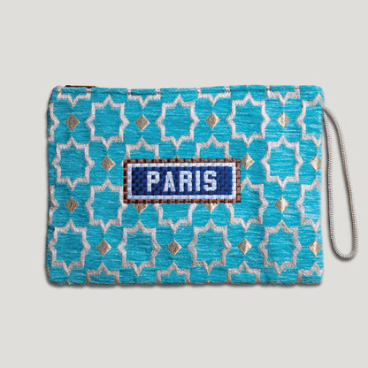 POCHETTE TISSU MAROCAIN - BRODERIE PARIS - INSPIRÉE DU MÉTRO PARISIEN - BLEU CLAIR
