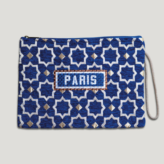 POCHETTE TISSU MAROCAIN - BRODERIE PARIS - INSPIRÉE DU MÉTRO PARISIEN - BLEU FONCÉ