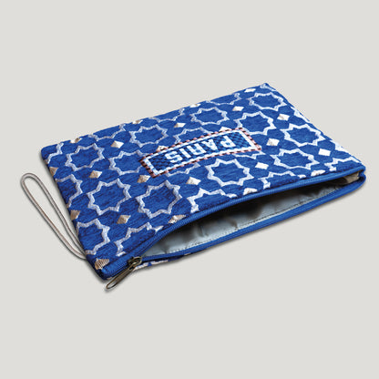 POCHETTE TISSU MAROCAIN - BRODERIE PARIS - INSPIRÉE DU MÉTRO PARISIEN - BLEU FONCÉ