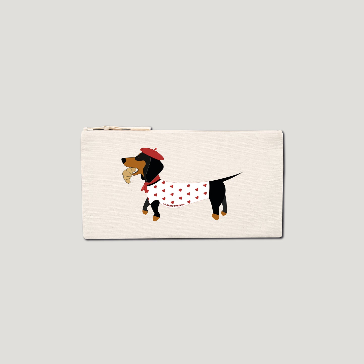POCHETTE IMPRIMÉE - TECKEL COEUR - COTON RECYCLÉ - ÉCRU