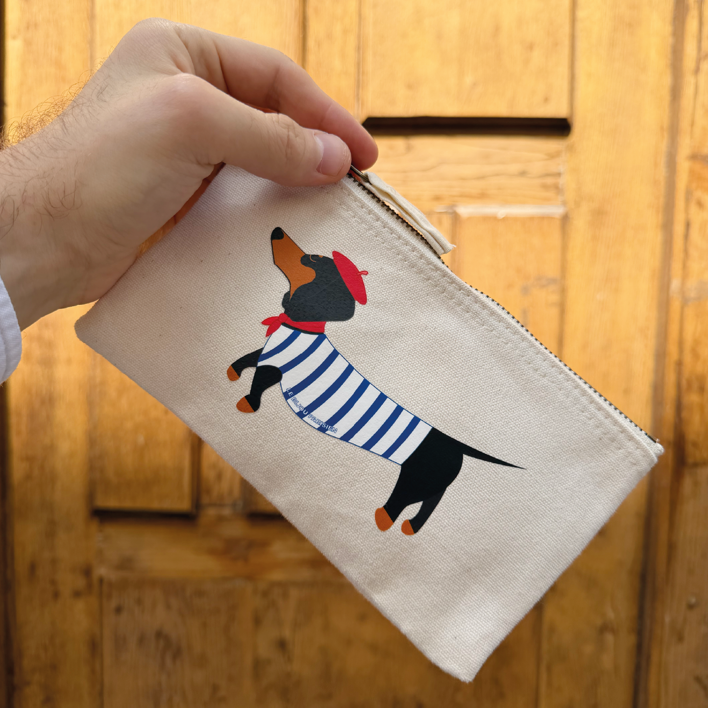 POCHETTE IMPRIMÉE - TECKEL MARINIÈRE - COTON RECYCLÉ - ÉCRU