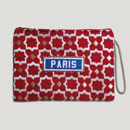 POCHETTE TISSU MAROCAIN - BRODERIE PARIS - INSPIRÉE DU MÉTRO PARISIEN - ROUGE