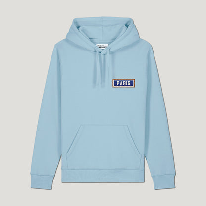 SWEAT SHIRT CAPUCHE COTON BIO BRODÉ - PARIS - BLEU CIEL