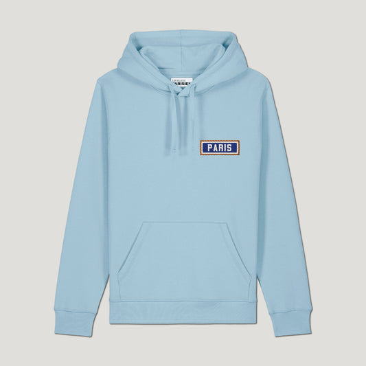 SWEAT SHIRT CAPUCHE COTON BIO BRODÉ - PARIS - BLEU CIEL