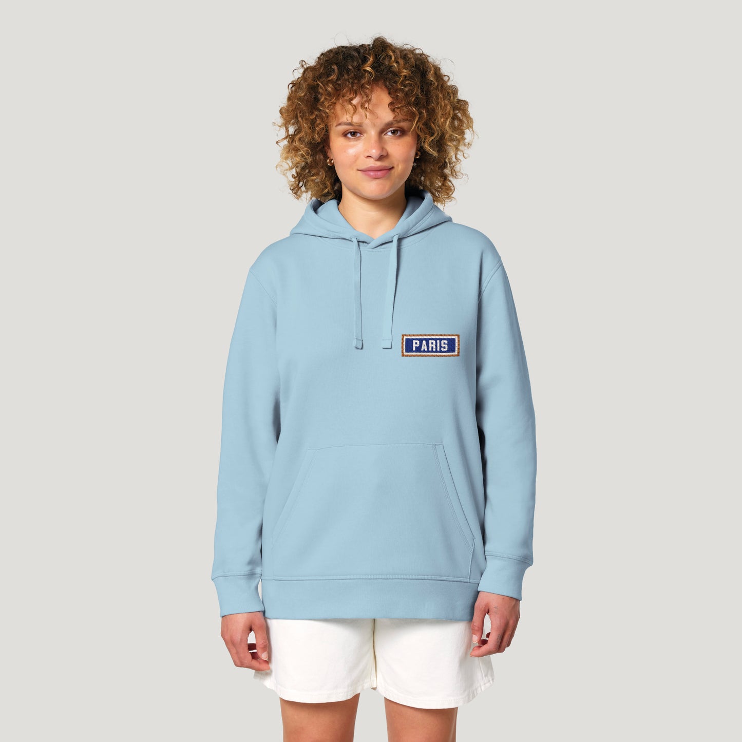 SWEAT SHIRT CAPUCHE COTON BIO BRODÉ - PARIS - BLEU CIEL
