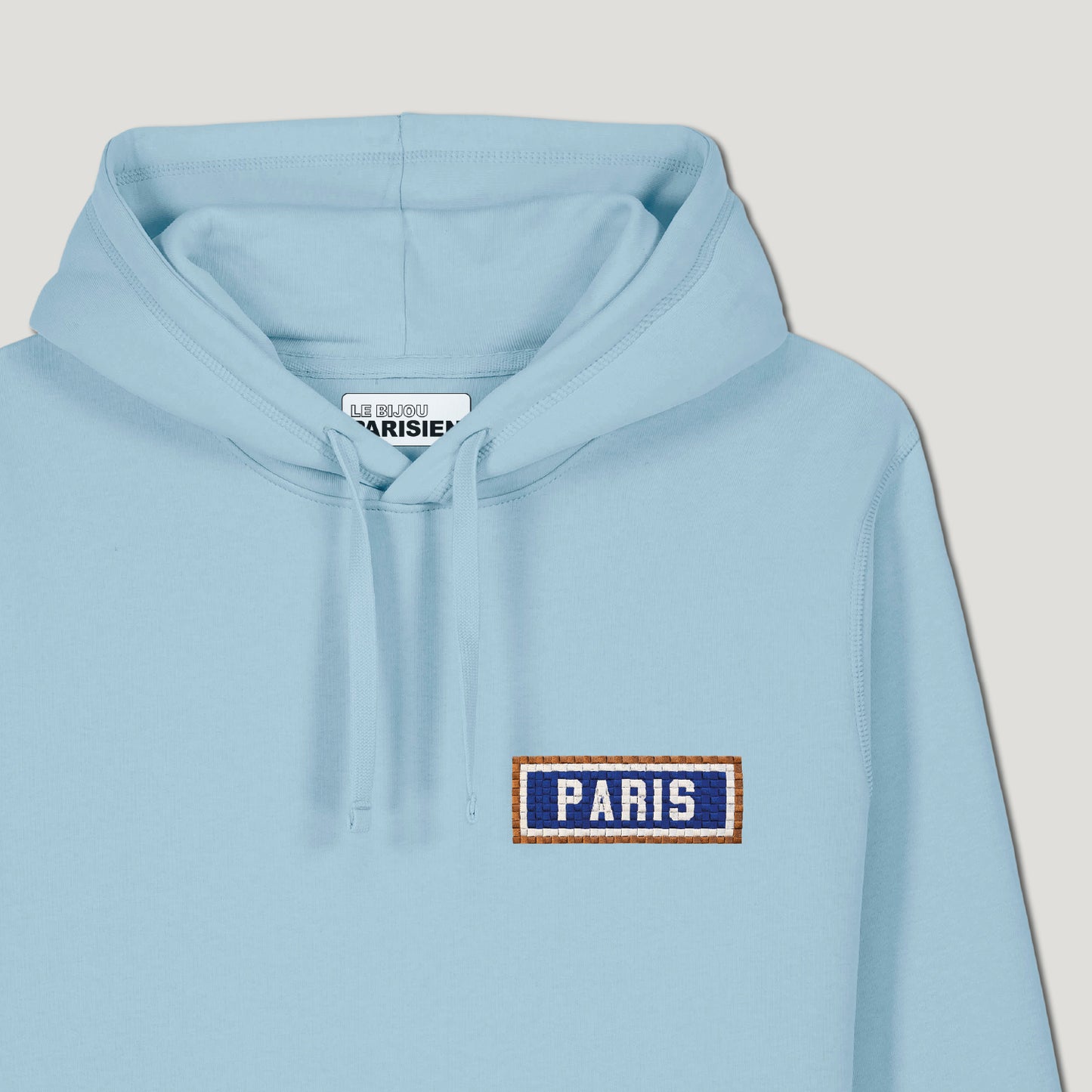 SWEAT SHIRT CAPUCHE COTON BIO BRODÉ - PARIS - BLEU CIEL