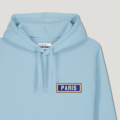 SWEAT SHIRT CAPUCHE COTON BIO BRODÉ - PARIS - BLEU CIEL