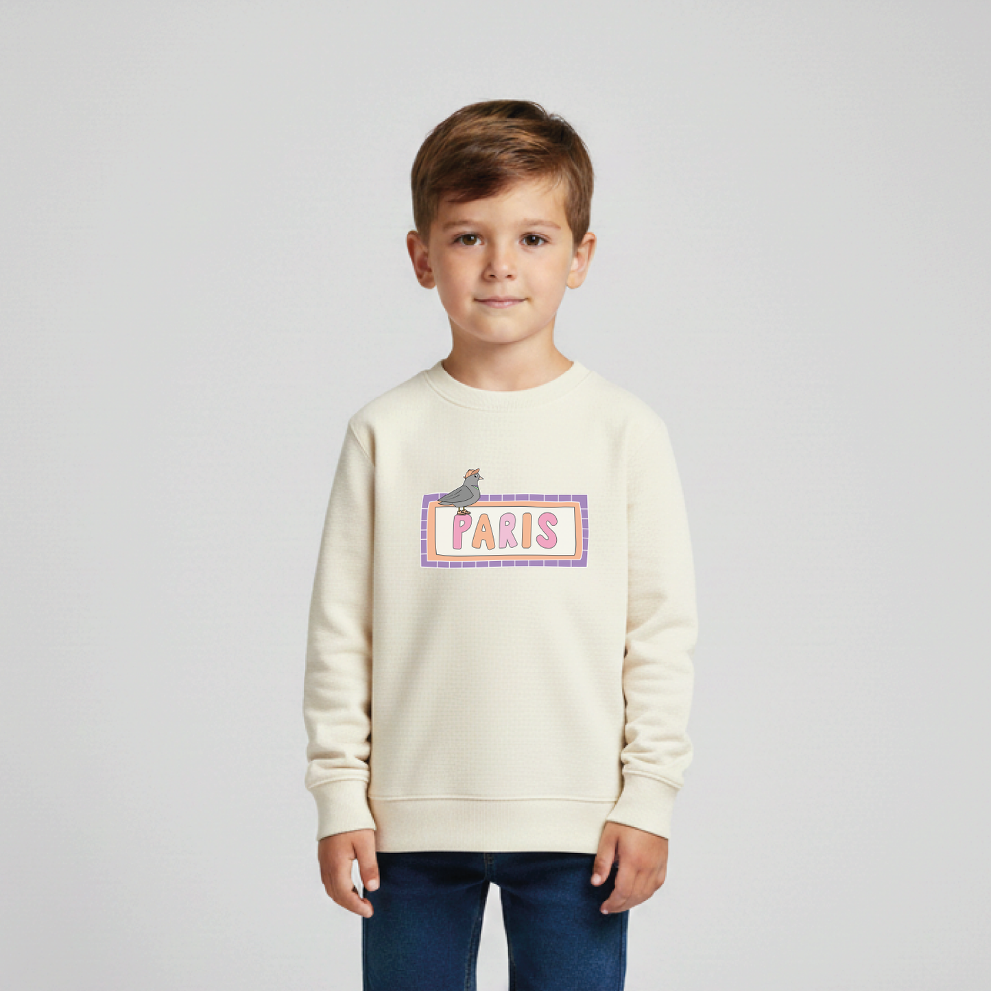 SWEAT-SHIRT ENFANT COTON BIO – PARIS - PIGEON - ÉCRU