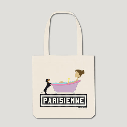 Parisienne Dachshund / Bathtub Printed Tote Bag - Ecru