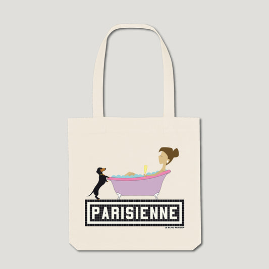 TOTE BAG IMPRIMÉ PARISIENNE TECKEL / BAIN - ÉCRU