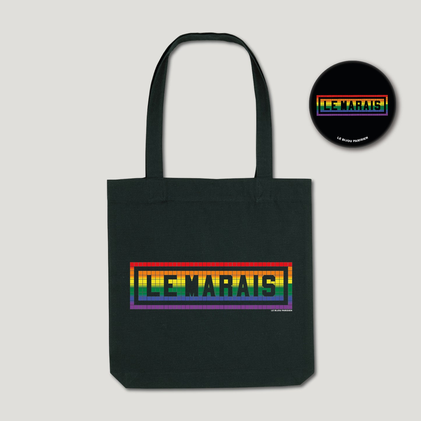 TOTE BAG IMPRIMÉ LE MARAIS PRIDE - NOIR + BADGE
