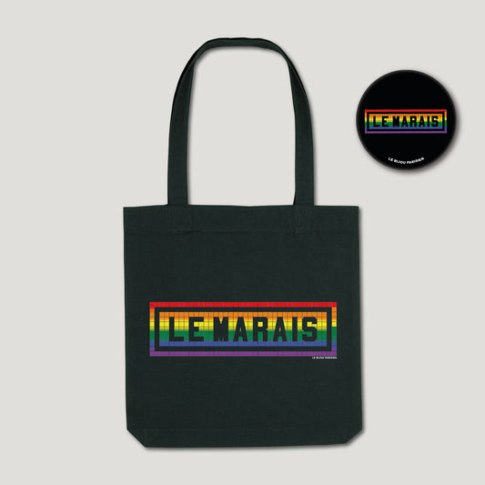 TOTE BAG IMPRIMÉ LE MARAIS PRIDE - NOIR + BADGE