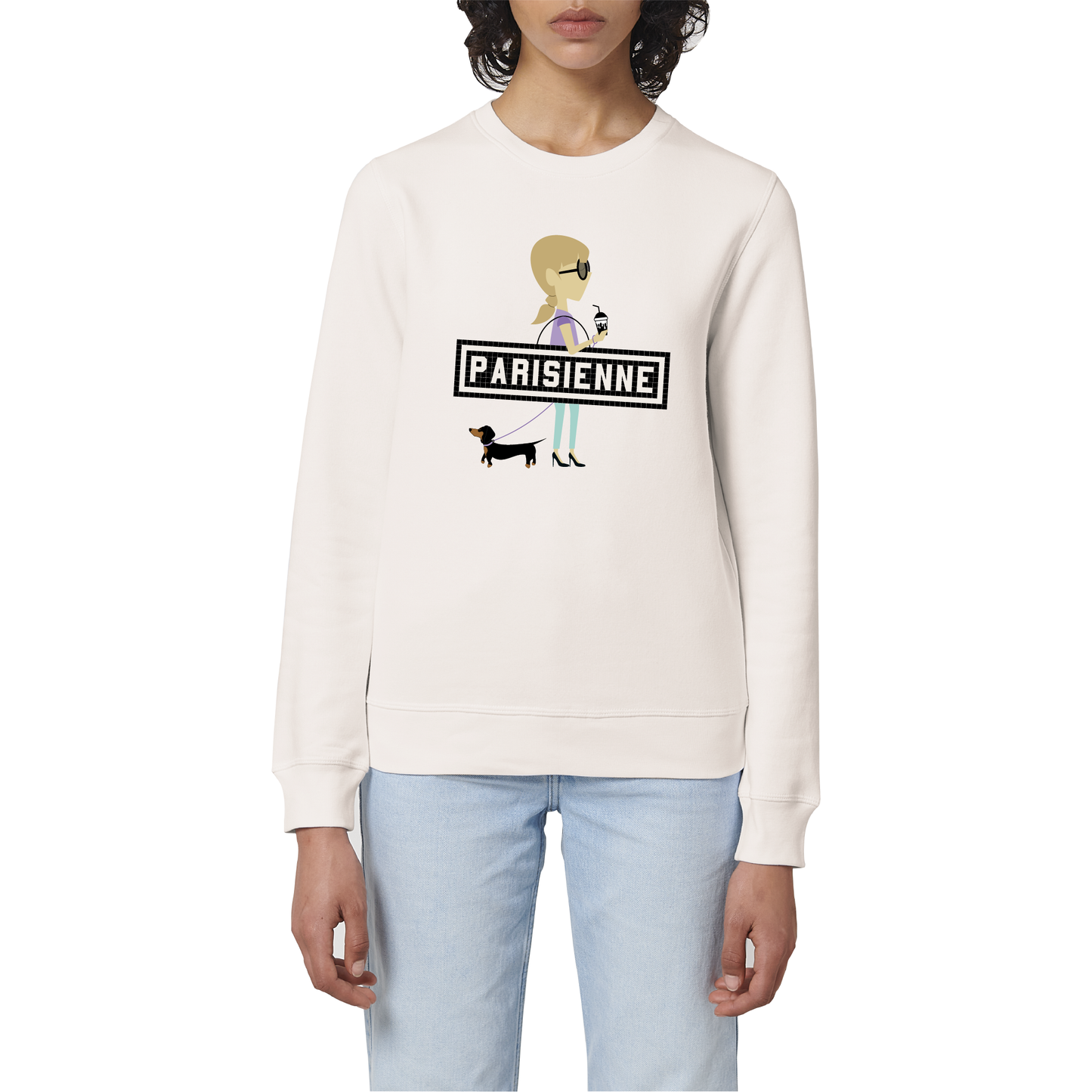 Sweat imprimé Parisienne / teckel - Blanc vintage